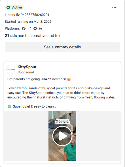 Cat Water Fountain Meta ad example 1