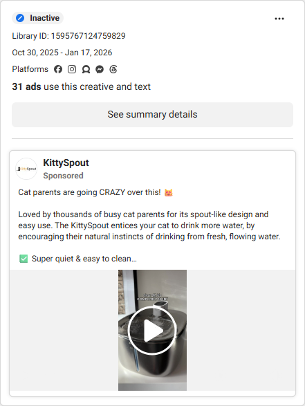 Cat Water Fountain Meta ad example 2